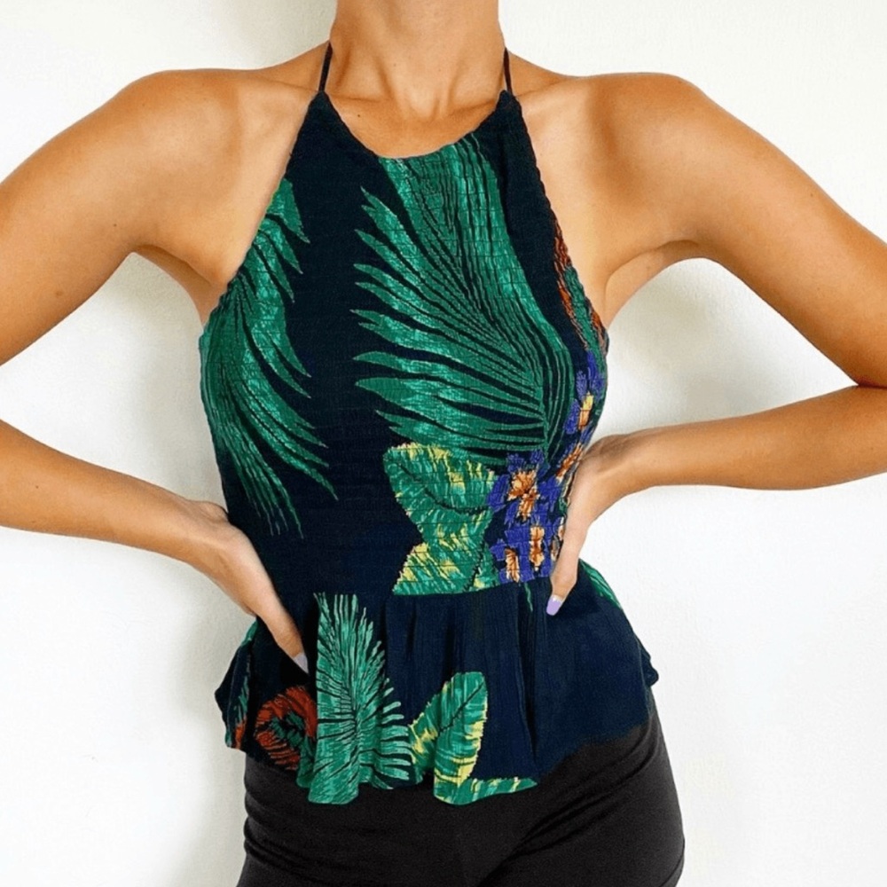 NWT Patrons of Peace Smocked Halter Peplum Tropical Tank, size XS